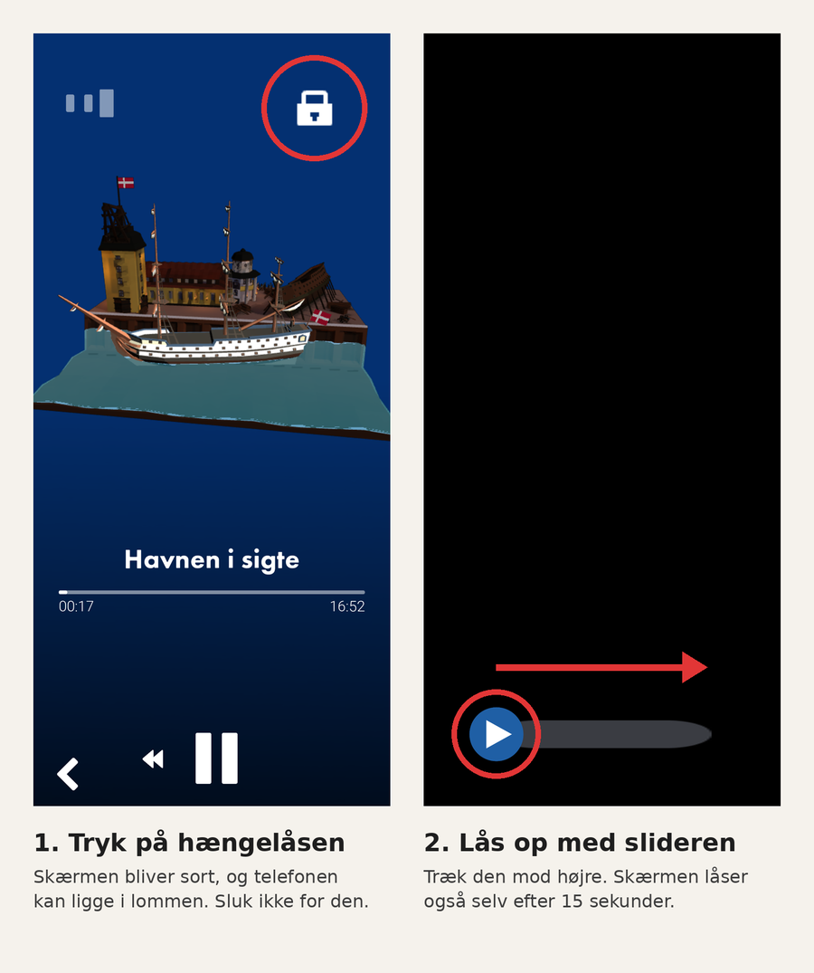 Til venstre: hængelåsen øverst til højre på skærmen. Til højre: den sorte skærm med slideren, der trækkes mod højre.