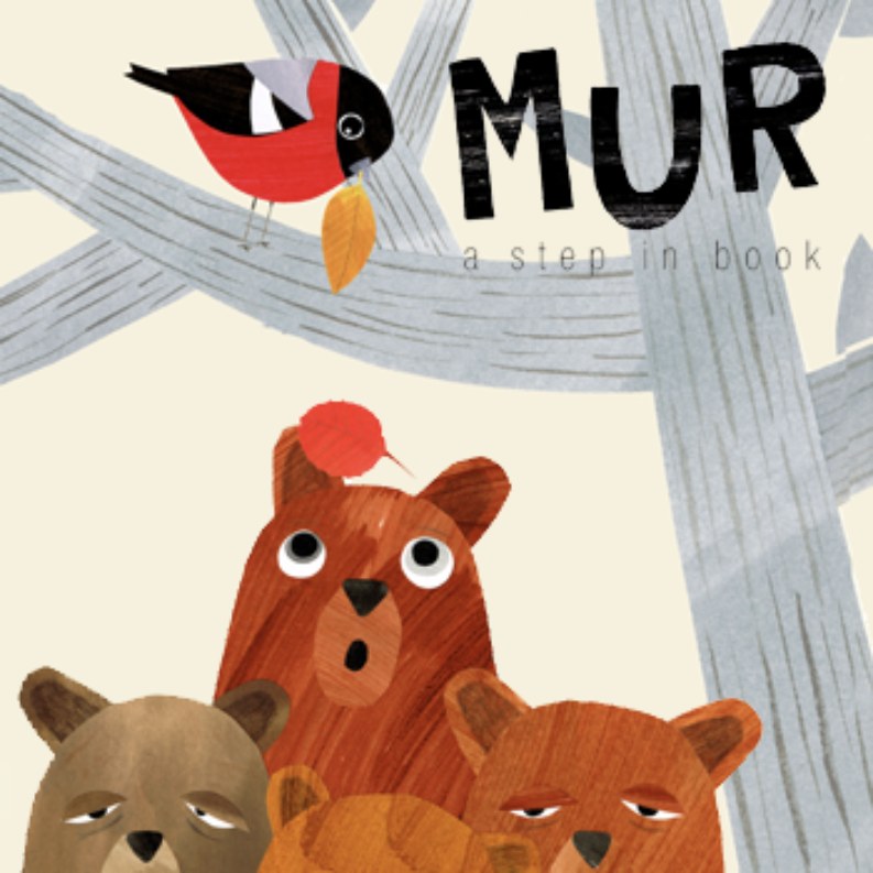Mur and the bears look up at a bullfinch in the branches, illustration by Anne Vasko